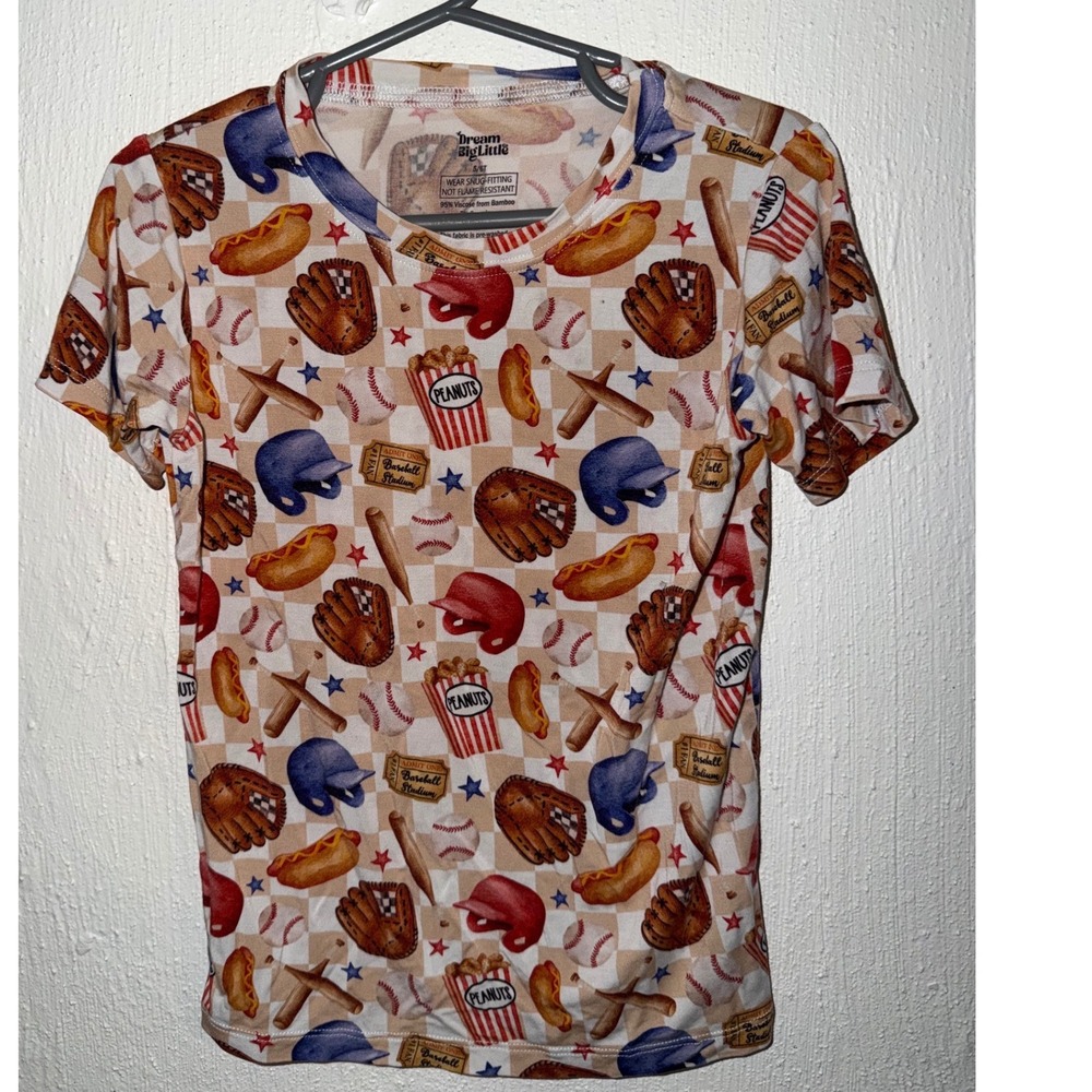Dream Big Little Kids Baseball Bamboo Pajama Top Short Sleeve Tan Multi 5/6T